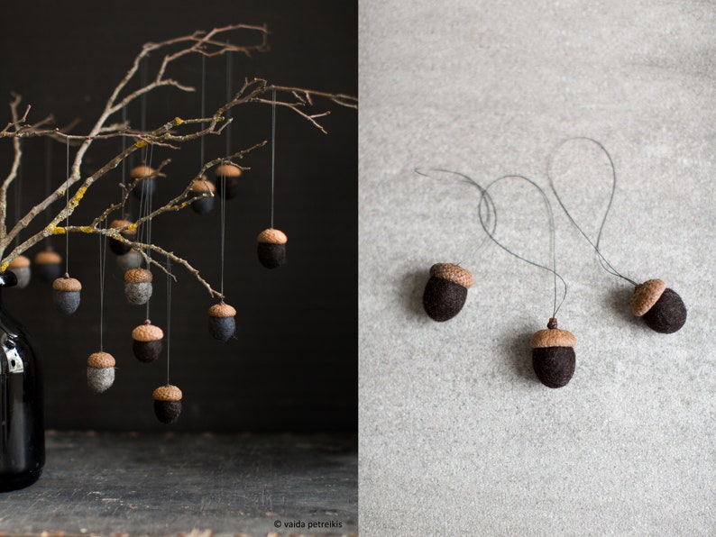 Neutral color fall decor Dark Gothic Christmas ornaments Set of 3 felted acorns for magic forest party favors Halloween decorations image 5