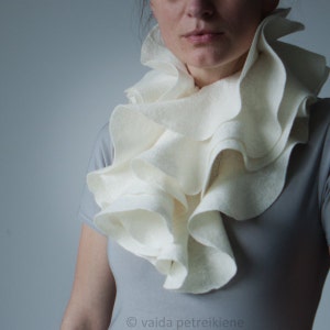 Ruffle scarf for wedding, Ivory white wool and silk shawl, Romantic bridal couture wrap, Ruffled neck warmer