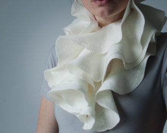 Ruffle scarf for wedding, Ivory white wool and silk shawl, Romantic bridal couture wrap, Ruffled neck warmer