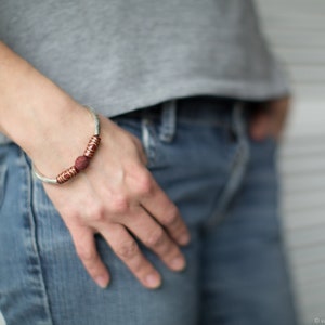 Minimalist bracelet in deep dark garnet red with a hint of gold, Felt fall winter fashion jewelry image 2