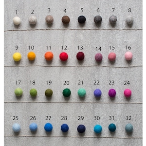 May include: A chart of 40 different colored felt balls. The balls are arranged in rows of eight, with each ball numbered from 1 to 40.