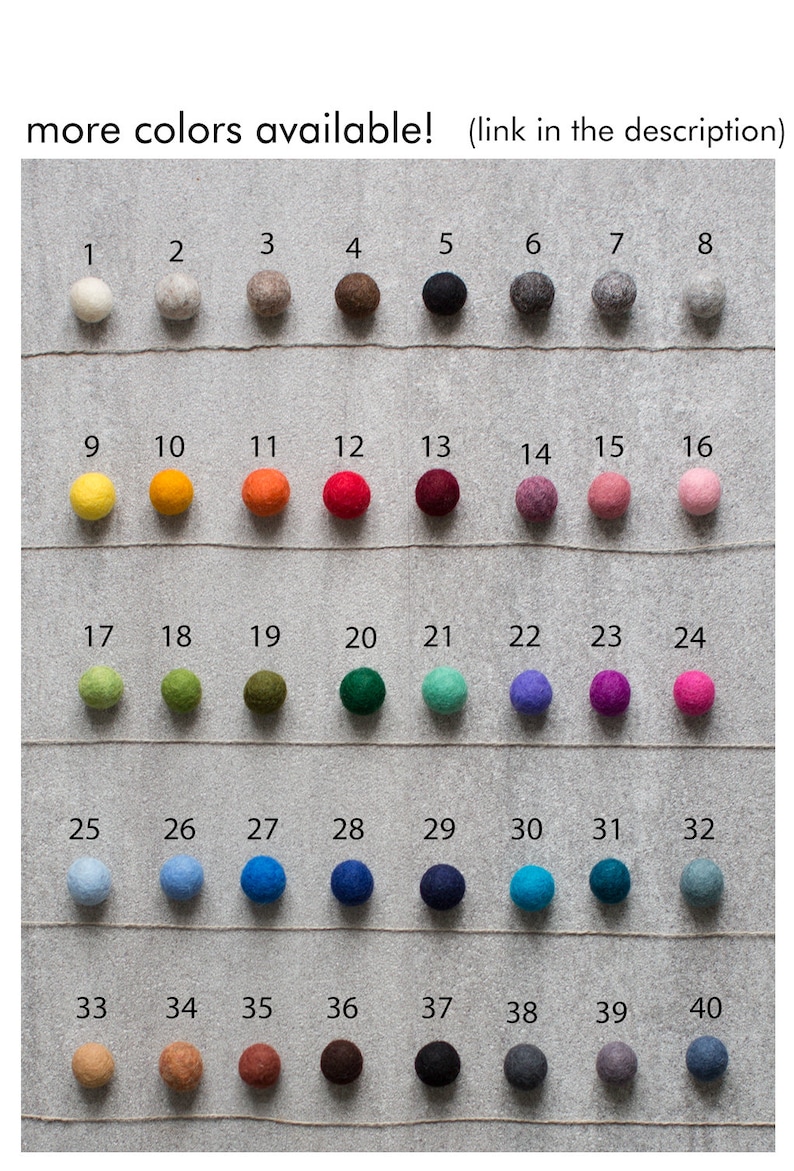 May include: A chart of 40 different colored felt balls. The balls are arranged in rows of eight, with each ball numbered from 1 to 40.