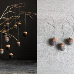 Neutral color fall decor Dark Gothic Christmas ornaments Set of 3 felted acorns for magic forest party favors Halloween decorations image 9