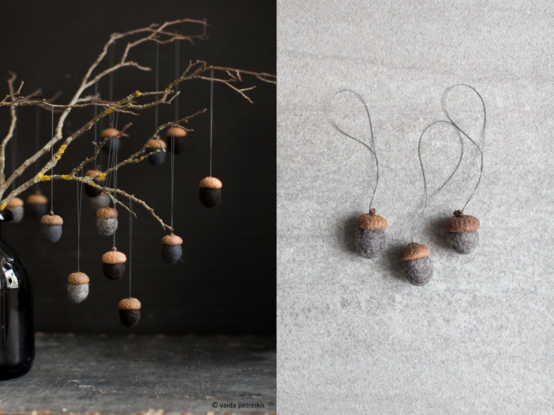 Neutral color fall decor Dark Gothic Christmas ornaments Set of 3 felted acorns for magic forest party favors Halloween decorations image 9