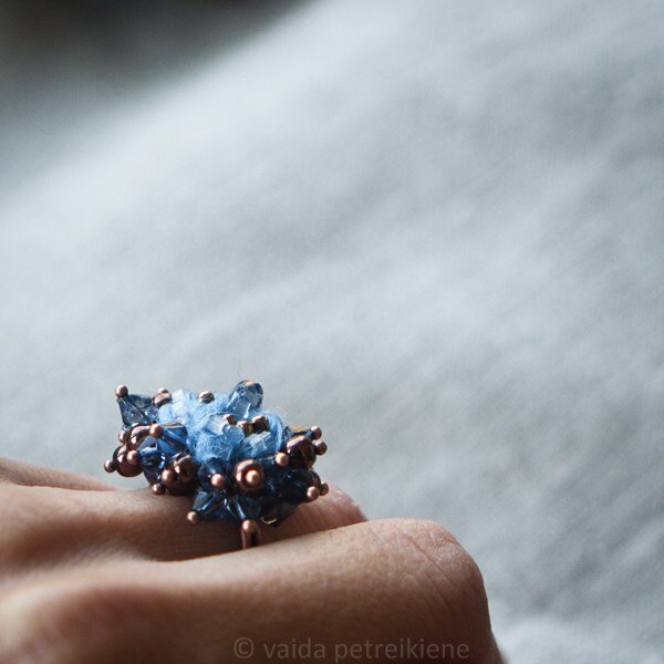 Brown blue ring, jeans style ring, unusual ring with handmade felt, copper ring, all size ring, adjustable ring