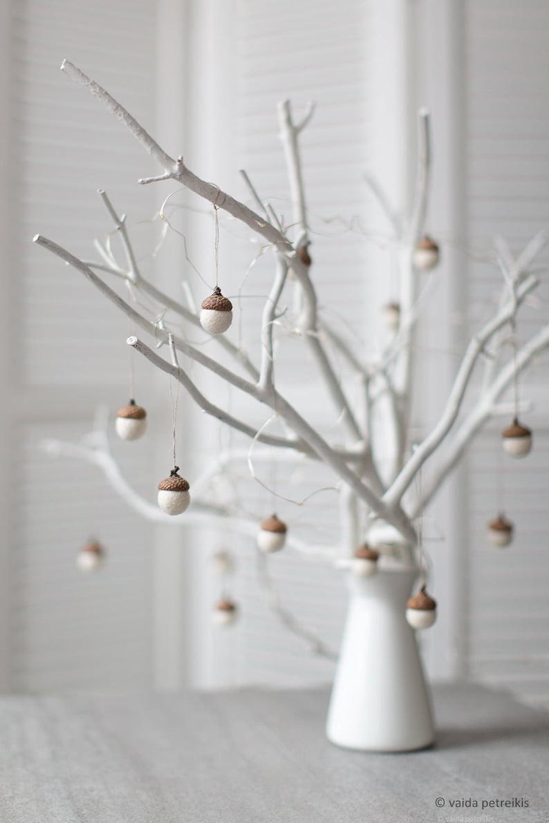 White felted acorn ornaments for Christmas