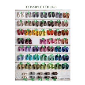 May include: A chart of 49 different colored felt baby shoes with the numbers 1 through 49 and N1 through N5 labeled below the shoes. The text "POSSIBLE COLORS" is at the top of the chart.