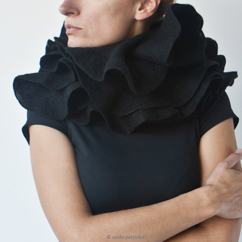 Black ruffle shawl, Elegant nuno felted statement scarf, Eco fashion for stylish gothic weddings, Woman woolen wrap for Halloween costume image 4