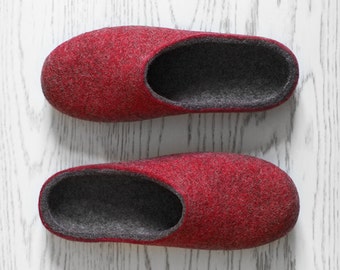 Pure wool slippers, Minimalist rustic style felted organic wool dark grey deep red house shoes for men, Christmas gift for him