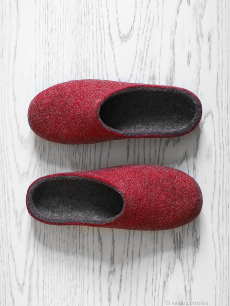 Pure wool slippers, Minimalist rustic style felted organic wool dark grey deep red house shoes for men, Christmas gift for him image 1