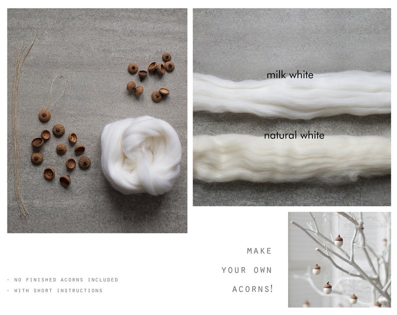 Felted acorns DIY Make white Christmas ornaments yourself Easy DIY craft kit for eco friendly home decor Beginner felting craft set image 7