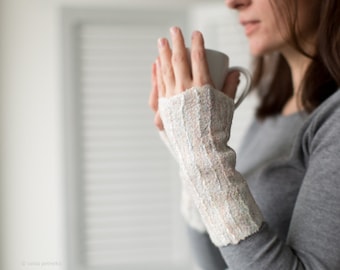 Felted fingerless mittens, Wool gloves, Felt arm warmers in off white ivory with textured shiny surface, Hand warmers