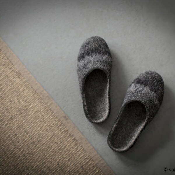 Felted slippers, Women house shoes, Boiled wool clogs in dark grey with black rubber soles homemade by Vaida Petreikis, Hygge gift idea