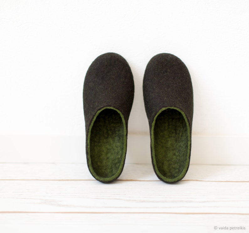 Felted men slippers, Mens house shoes, Forest green black brown natural wool clogs, Eco friendly gift for him Wool anniversary Christmas image 3