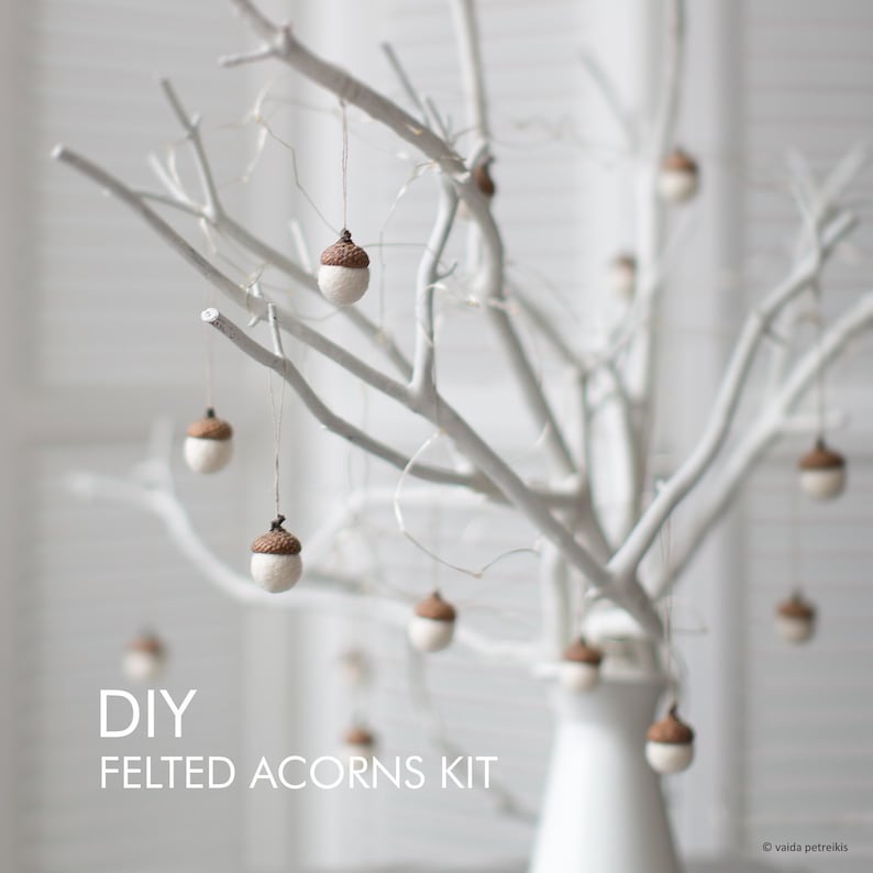 Felted acorns DIY Make white Christmas ornaments yourself Easy DIY craft kit for eco friendly home decor Beginner felting craft set image 1