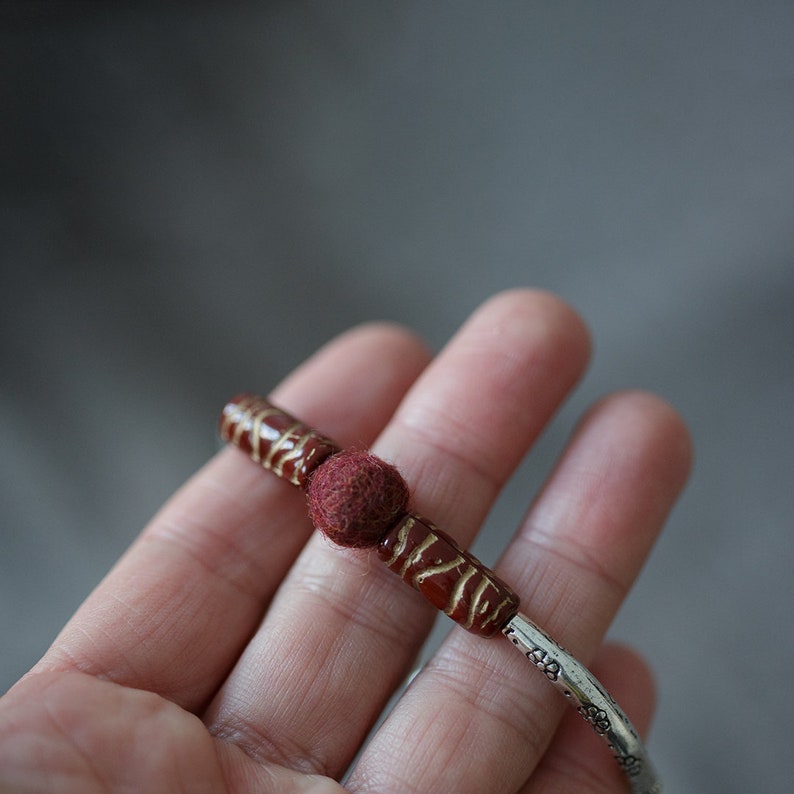 Minimalist bracelet in deep dark garnet red with a hint of gold, Felt fall winter fashion jewelry image 7