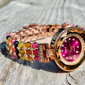 Vibrant Elegance: Handwoven Tourmaline Women&#39;s Watch with Healing Charm