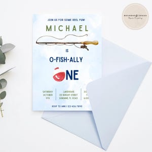 Fishing Birthday Invitation, O-Fish-Ally One Birthday, Fish Invite, Editable First Birthday Invite Template, Canva Template, Boy Birthday