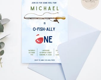 Fishing First Birthday Invitation, O-Fish-Ally One, Canva Template (Digital Download)