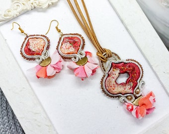 Soutache Jewelry Rose Red Cream, Earrings and Pendant, with Polymer Clay Cabochons