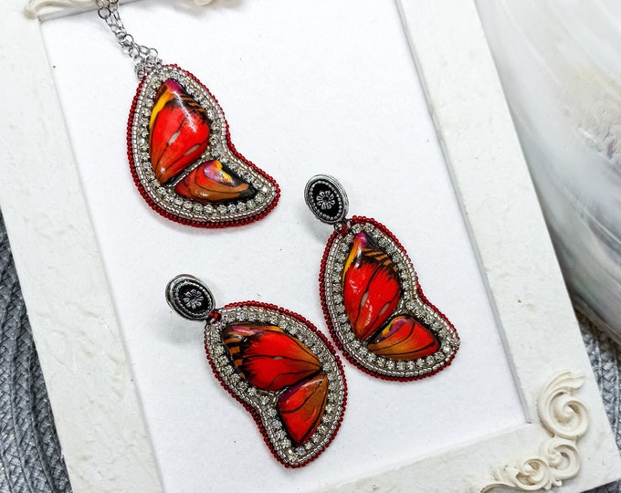 Embroidery Jewelry Butterflies, Earrings and Pendant, with Polymer Clay Cabochons