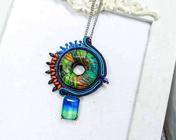 Blue Donut Soutache Pendant | Blue, Turquoise, Green, Copper | Polymer claynwith resin | Unique piece OOAK, hand embroidered necklace.
