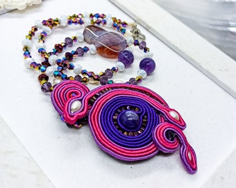 Pink Spiral Soutache Necklace | Unique piece OOAK, hand embroidered necklace, colorful gift for women.