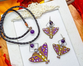 Moth Set in Polymer Clay and Resin | Necklace with Pendant and Drop Earrings | Purple with agate beads and crystals, Halloween jewelry