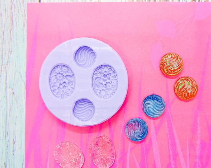 Silicone Mold for Resin and Polymer Clay | 2 Cabochon with Flowers, 2 Round Cabochon with waves