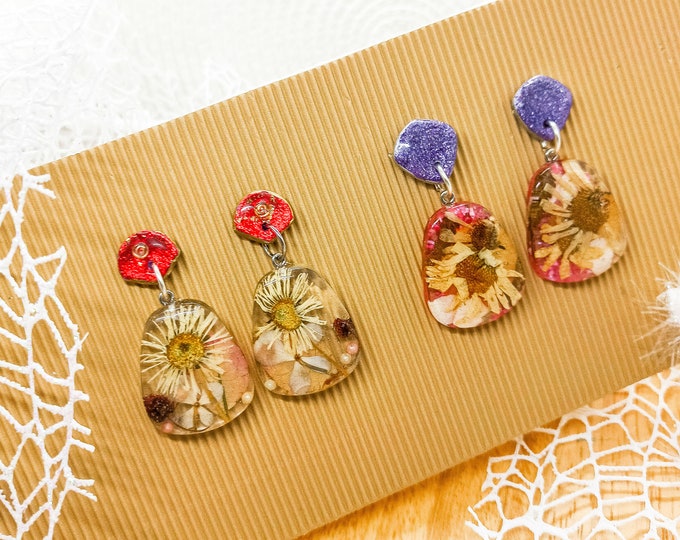 Resin and Flowers Earrings, with Handmade Polymer Clay + Stainless Steel Hooks