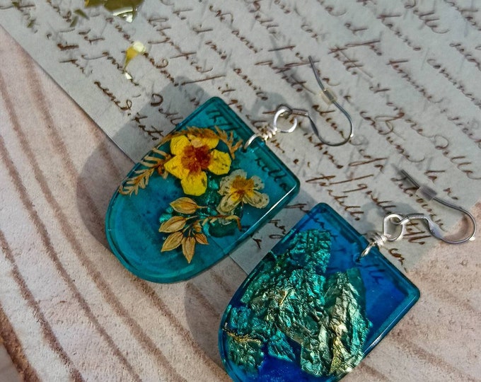 Resin Blue Earrings with Yellow Field Flowers and Ferns
