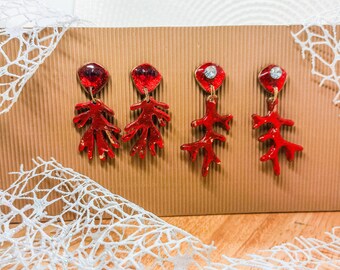 Polymer Clay Coral Earrings  | Red Corals with Cristals