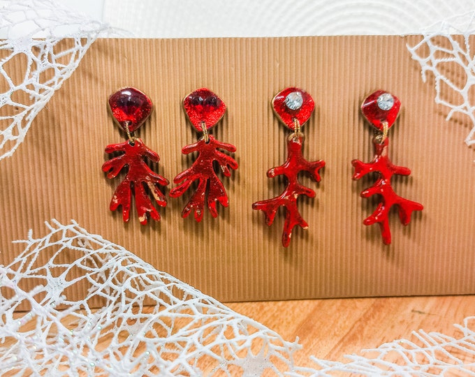 Polymer Clay Coral Earrings  | Red Corals with Cristals