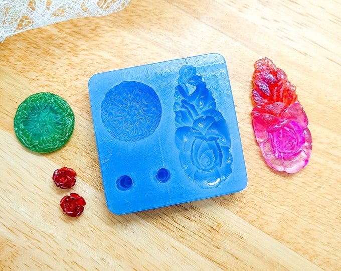 Silicone Mold for Resin and Polymer Clay | Drop shape with Three-Dimensional Rose, Inlaid Button and two little Roses