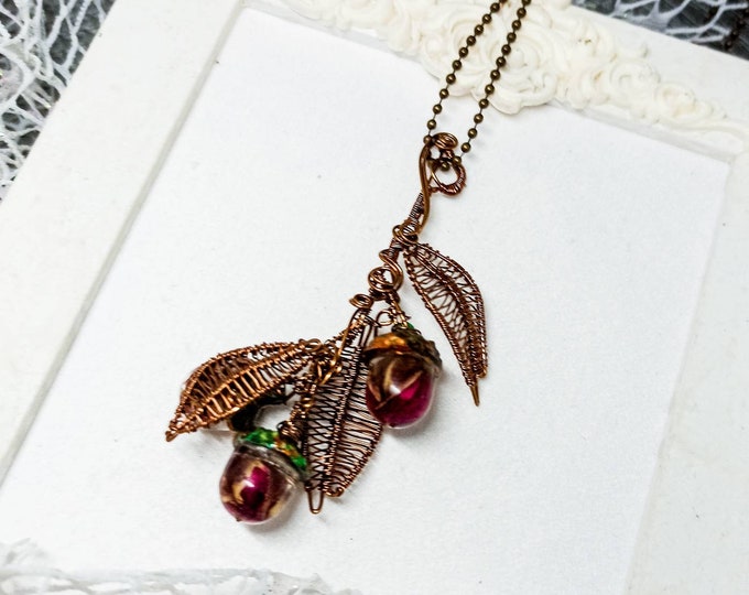 Wire Wrapping Pendant Resin Acorns with Rosebuds and Wire Leaves