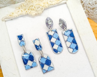 Polymer Clay Earrings with White and Blue Tiles Miniatures