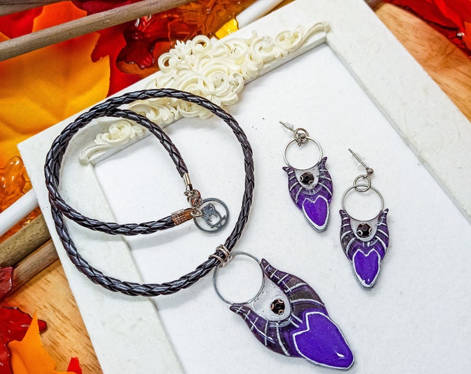 Maleficent Set in Polymer Clay and Resin | Necklace with Pendant and Drop Earrings | Purple with black crystals, Halloween jewelry