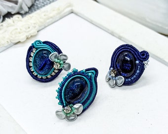 Blue Dichroic Glass Soutache Rings