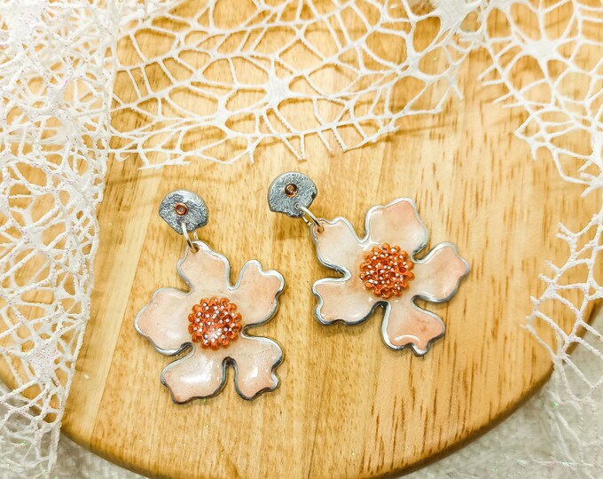 Polymer Clay Earrings Big Flowers, Light Pink and Copper Color, Resin glossed