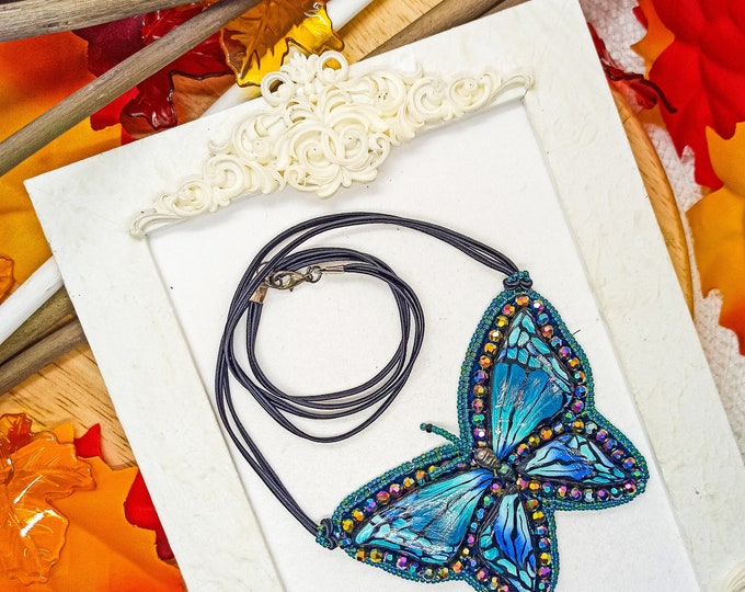 Embroidery Blue Butterfly Pendant, with Polymer Clay Cabochons | Unique piece OOAK, hand embroidered necklace, colorful gift for women.