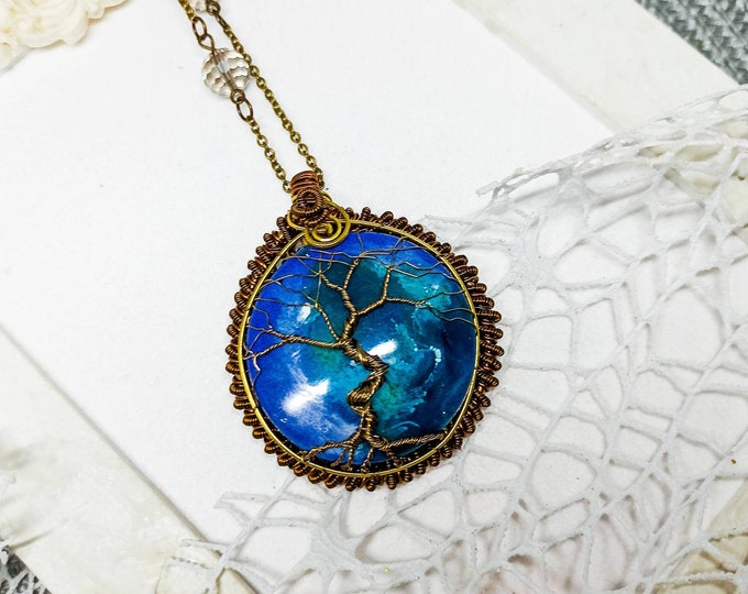 Tree of Life Wire Wrapping and Resin Pendant Blue Sky | Secret Garden Collection