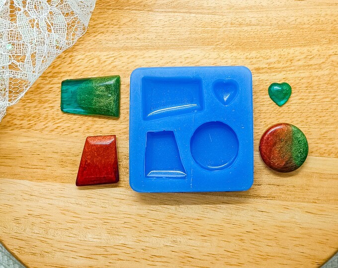 Silicone Mold for Resin and Polymer Clay | 2 Domed Trapezoids, a Domed Round and a Little Heart