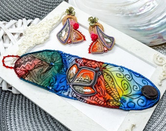 Colorful Soutache Earrings and Bracelet with Handpainted Silk