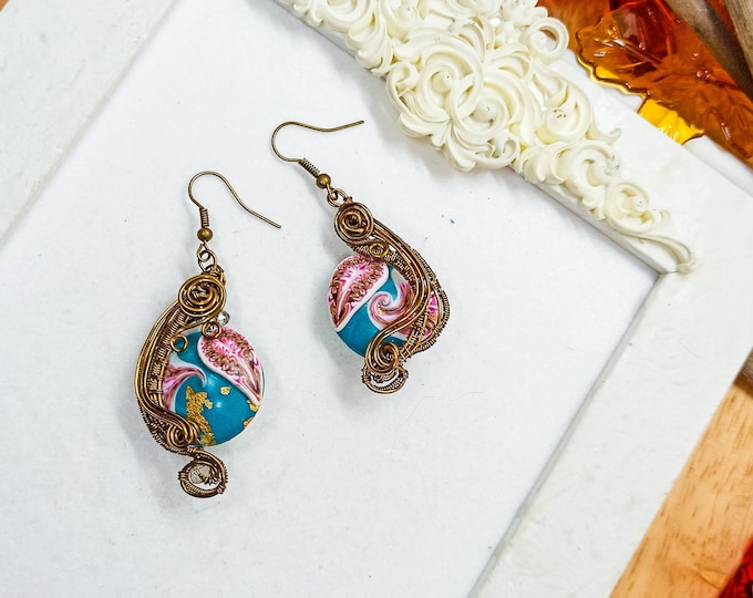 Swirl Polymer Clay Wire Wrapped Earrings made with Millefiori Canes | Turquoise and Copper | Lightweight, Unic Piece, Gift for Girl