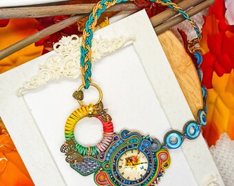 Rainbow Necklace | Soutache necklace, unique piece OOAK , hand embroidered necklace, colorful necklace, gift for women.