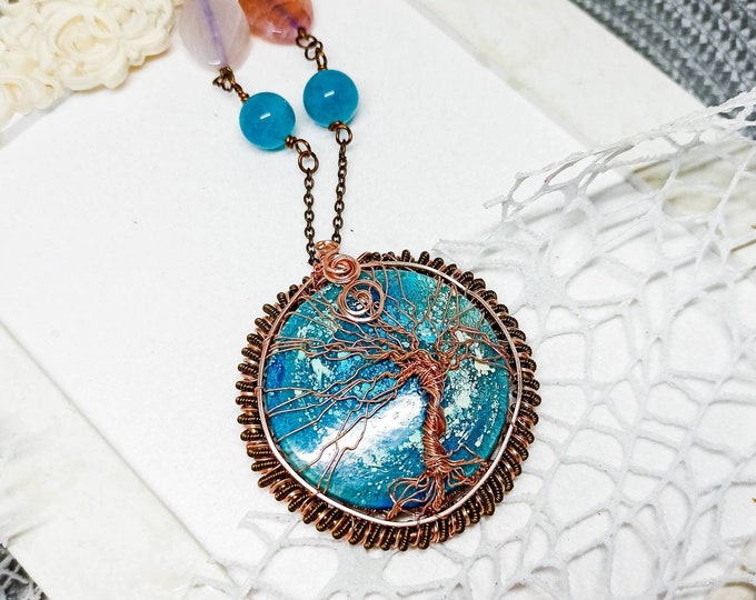 Tree of Life Wire Wrapping and Resin Pendant Azure Sky | Secret Garden Collection