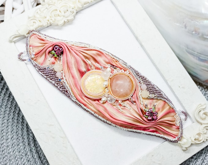 Soutache and Embroidery Bracelet Pink Roses, with Rose Quartz and Polymer Clay Components