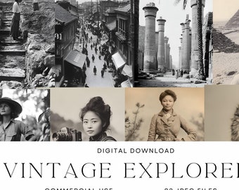 May include: A collage of vintage black and white photographs featuring women explorers. The images show women in various locations, including a city street, a jungle, and an ancient Egyptian site. The text "Vintage Explorers" is displayed at the bottom of the collage.