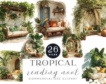 Tropical Reading Nook Clipart | Jungle Window Seat Art (Digital Download)