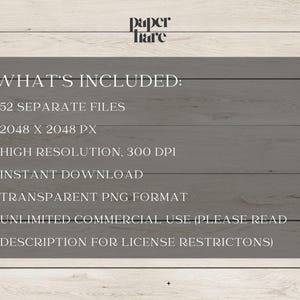 May include: A text-based graphic on a woodgrain background lists the details of what is included in a digital download. The text reads "WHAT'S INCLUDED:" followed by a list of bullet points: "52 SEPARATE FILES", "2048 X 2048 PX", "HIGH RESOLUTION, 300 DPI", "INSTANT DOWNLOAD", "TRANSPARENT PNG FORMAT", "UNLIMITED COMMERCIAL USE (PLEASE READ DESCRIPTION FOR LICENSE RESTRICTIONS)"
